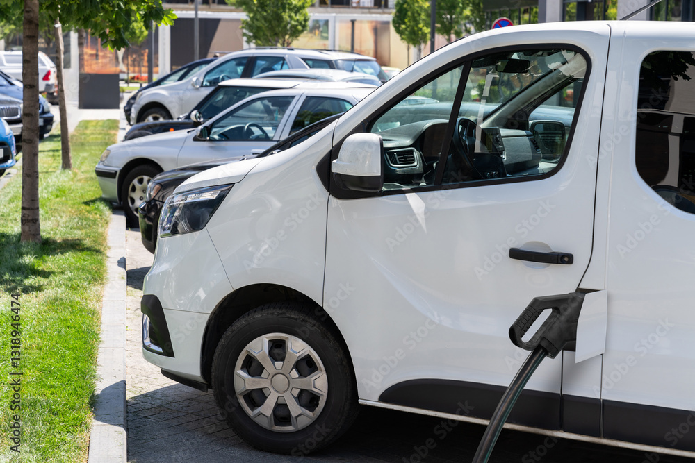 Naklejka premium Electric delivery van with electric vehicles charging station