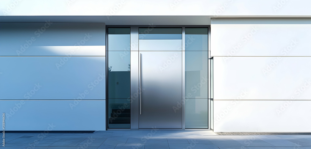 Silver door with large glass sections, white front wall, photographed in daylight. Silver door with large glass sections, white front wall, photographed in daylight.