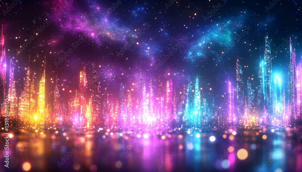 Futuristic city skyline glowing with vibrant, colorful lights at night, reflected on water, with starry background Futuristic city skyline glowing with vibrant, colorful lights at night, reflected on water, with starry background