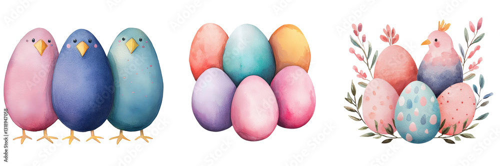 Colorful Easter Eggs and Birds white isolate background Colorful Easter Eggs and Birds white isolate background