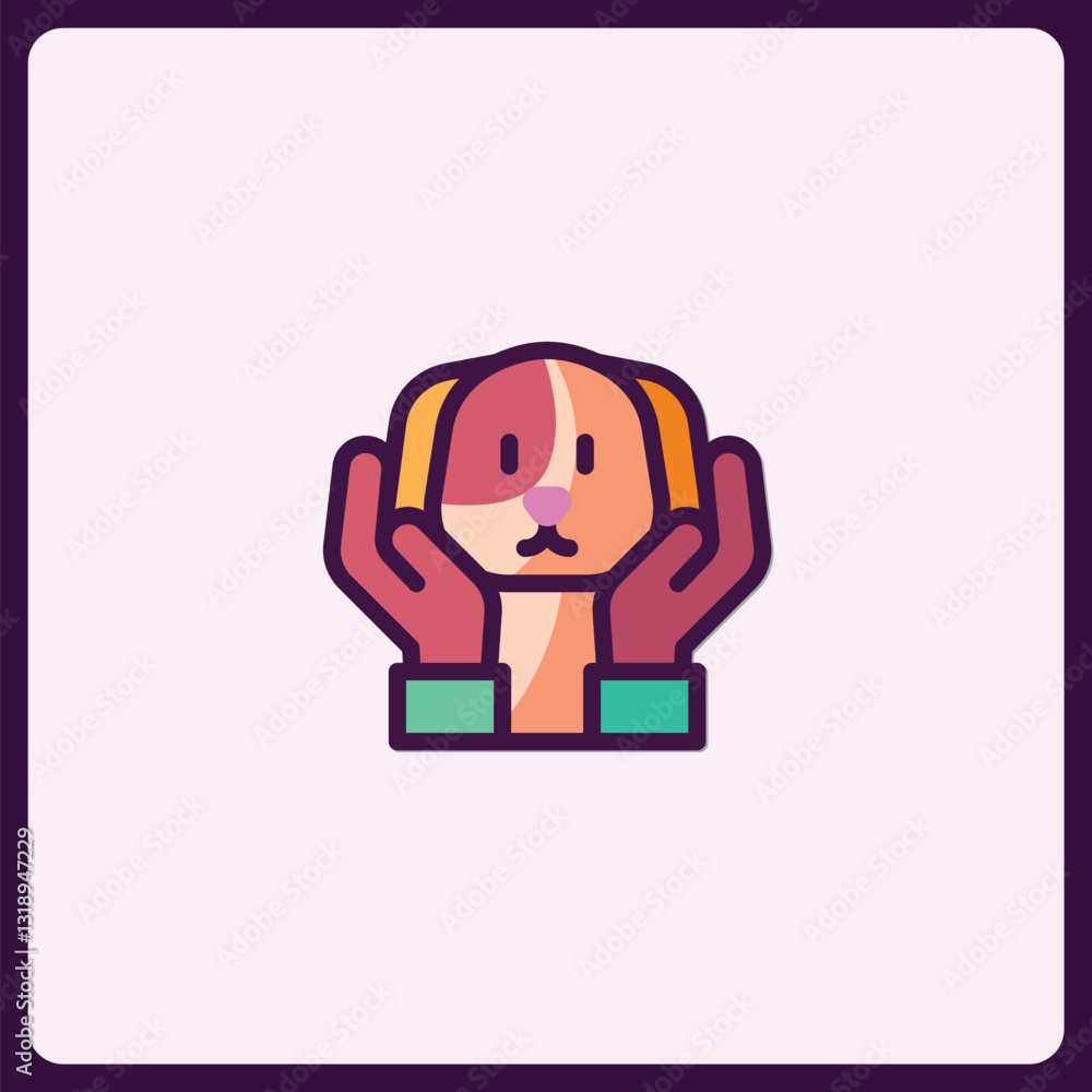 Stylized icon depicting a dog's head being held protectively by hands Stylized icon depicting a dog's head being held protectively by hands