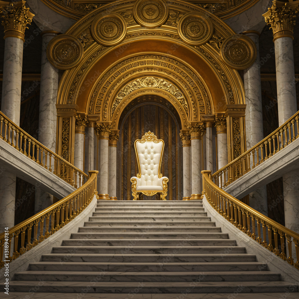 A grand marble staircase with golden railings leads to a lavish throne surrounded by ornate columns and arches. A grand marble staircase with golden railings leads to a lavish throne surrounded by ornate columns and arches.