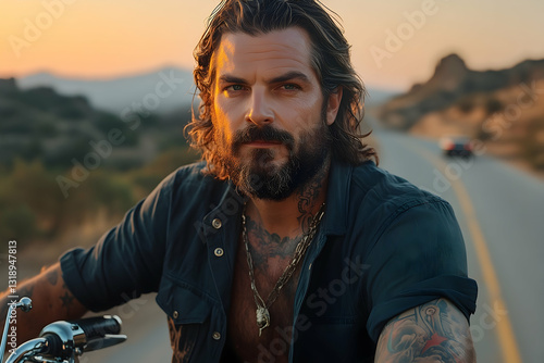 A man with long hair and a beard sits on a motorcycle, looking intensely at the camera.  Sunset landscape in background