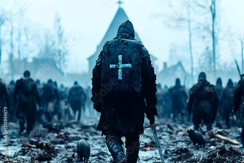 Knight marches toward church. Soldiers trudge through mud. Foggy, desaturated