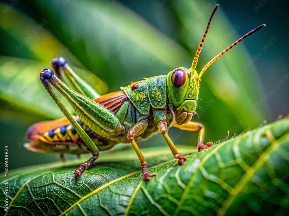 Close-up Portrait of a Grasshopper Nymph on Green Leaves Close-up Portrait of a Grasshopper Nymph on Green Leaves