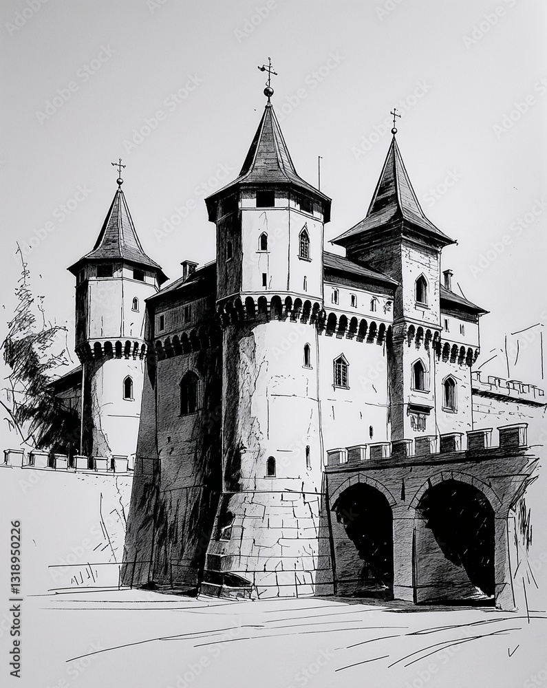 Fototapeta premium Historic European fortress building design in sketch hand drawing black and white on plain white background