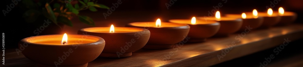 A line of clay oil lamps casting a warm glow on a wooden surface. Generative AI A line of clay oil lamps casting a warm glow on a wooden surface. Generative AI