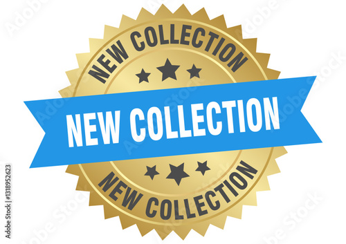 new collection. new collection round blue and gold label isolated on transparent background