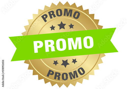 promo. promo round green and gold label isolated on transparent background