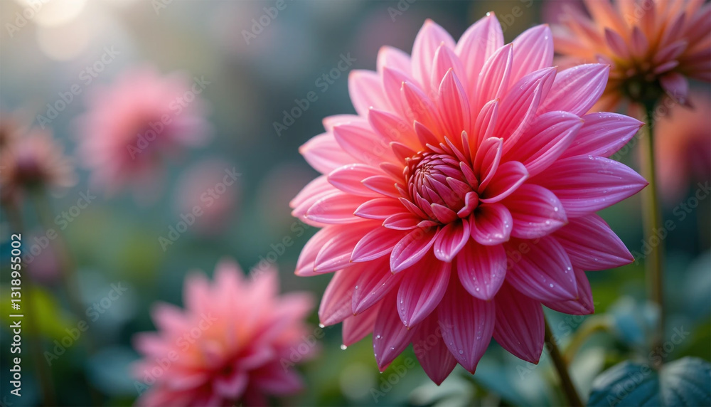 A Delicate Pink Dahlia Blooms Gracefully In A Soft Light Garden, Showcasing Its Intricate Petals And Vibrant Hue A Delicate Pink Dahlia Blooms Gracefully In A Soft Light Garden, Showcasing Its Intricate Petals And Vibrant Hue