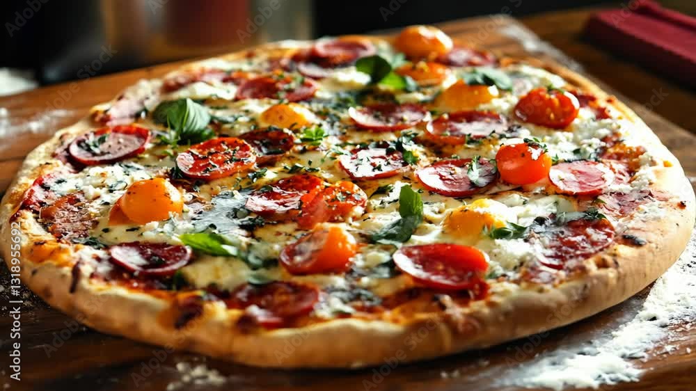 Close Up Pizza with Pepperoni on Wood Table Close Up Pizza with Pepperoni on Wood Table