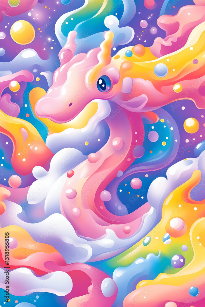 Fototapeta premium Pastel creature in colorful bubbly liquid