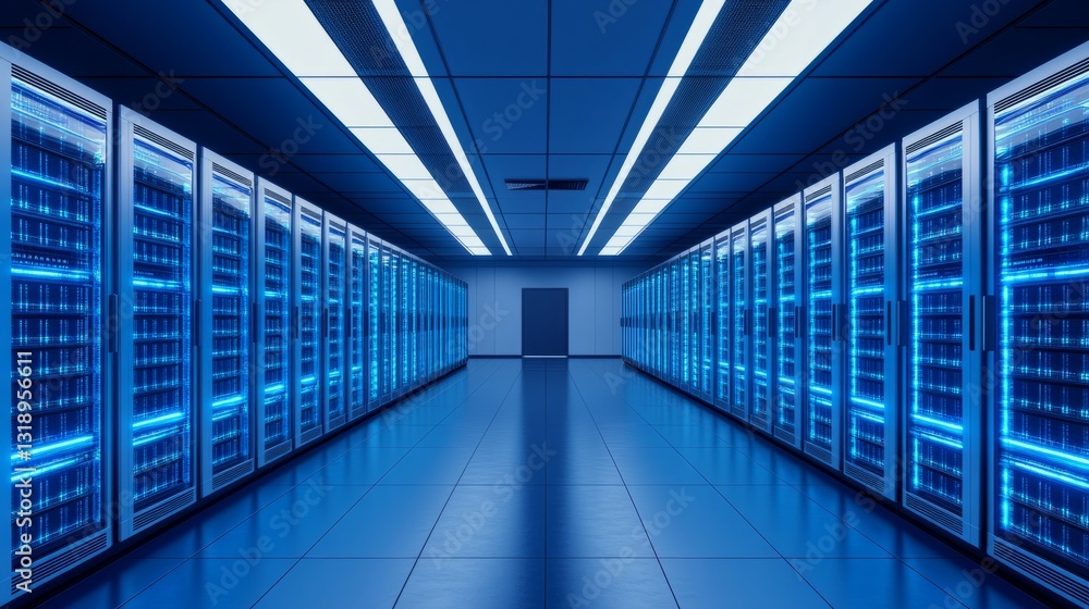 Fototapeta premium Glowing server racks in a modern data center, showcasing advanced technology and digital infrastructure. 
