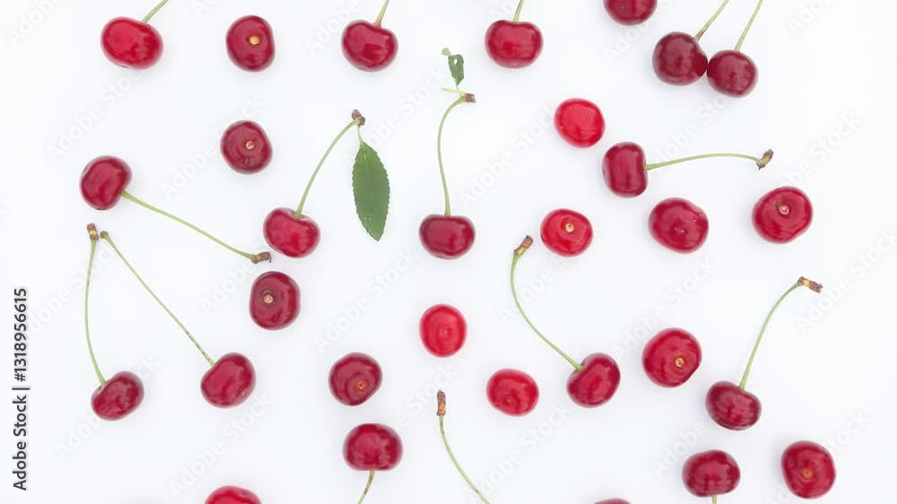 camera flies from above and shoots ripe red cherries on a white background camera flies from above and shoots ripe red cherries on a white background