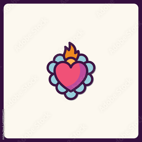 Stylized Sacred Heart Icon with Flame and Floral Accents Illustration