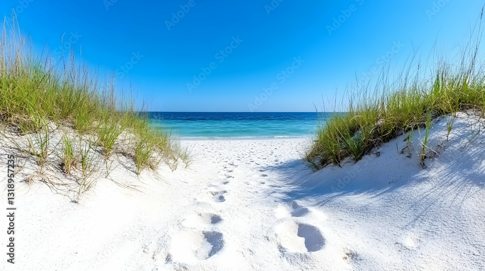 Pristine beach path leading to turquoise water Pristine beach path leading to turquoise water