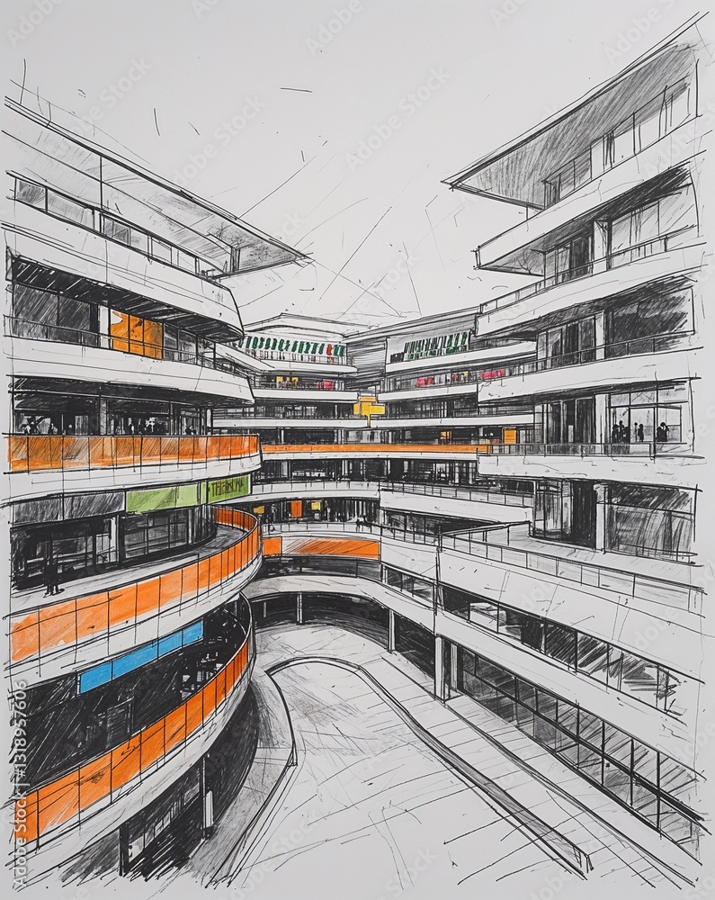 Obraz premium Sprawling shopping mall with multiple levels building design in sketch hand drawing black and white on plain white background