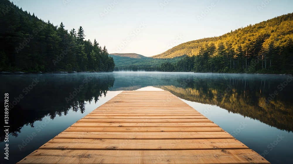 Naklejka premium Wooden pier extending into a misty lake at sunrise