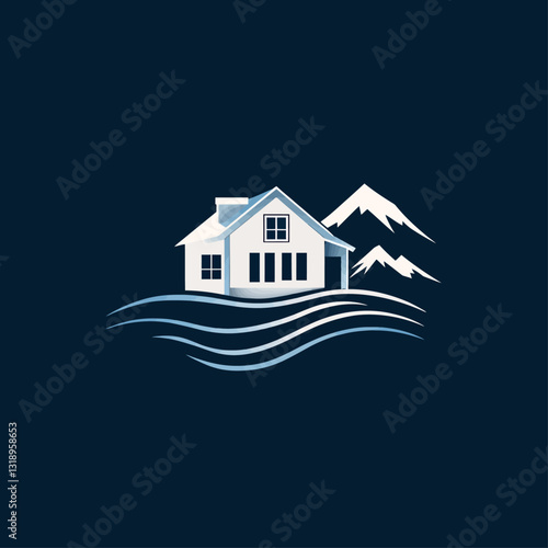 Modern mountain house vector logo design concept on ocean waves icon
