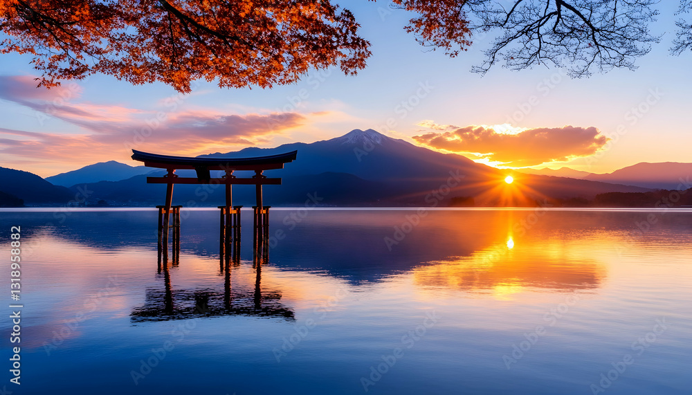 Serene sunrise over a tranquil lake, with a traditional Japanese torii gate reflecting in the water. Autumn colors frame the scene