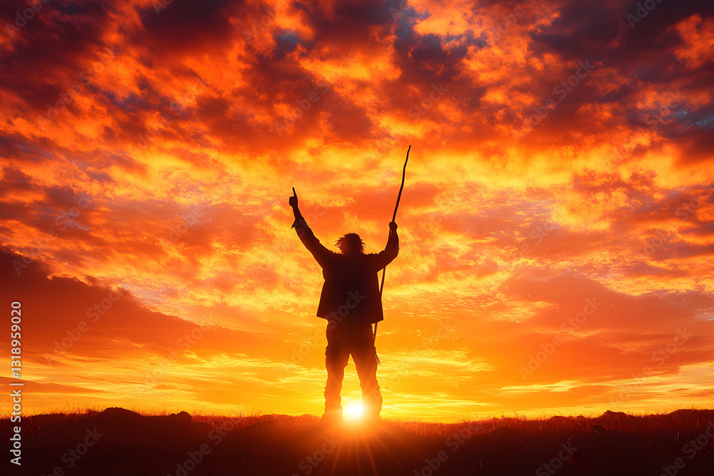 Silhouette of a triumphant figure at sunset Silhouette of a triumphant figure at sunset