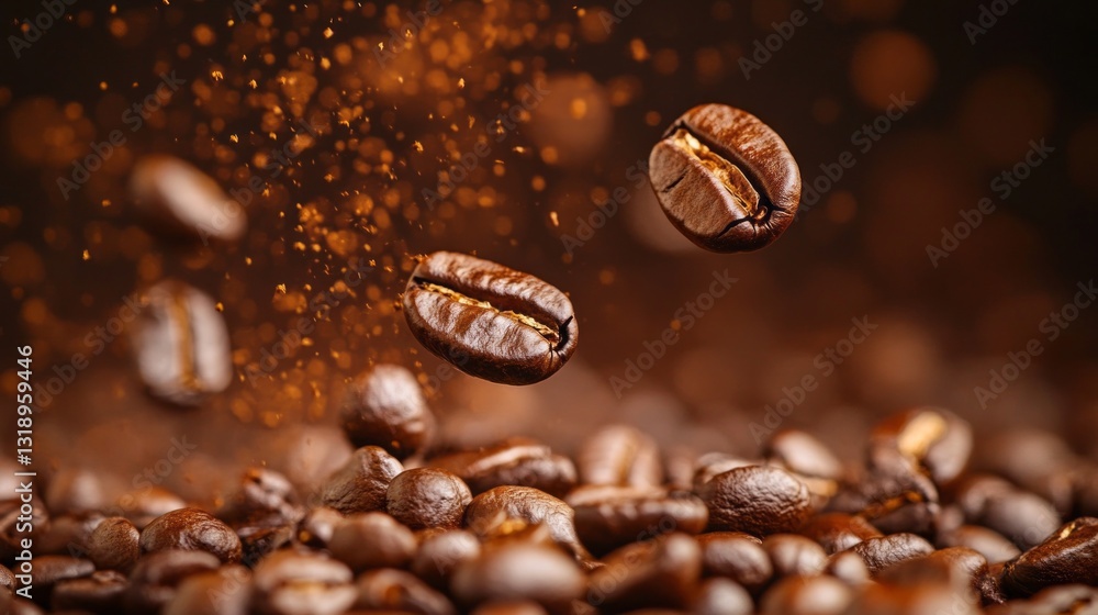 Aromatic roasted coffee beans tumble downwards, landing softly on a vibrant heap below. The rich color and texture create a warm and inviting scene, evoking senses of coffee bliss Aromatic roasted coffee beans tumble downwards, landing softly on a vibrant heap below. The rich color and texture create a warm and inviting scene, evoking senses of coffee bliss