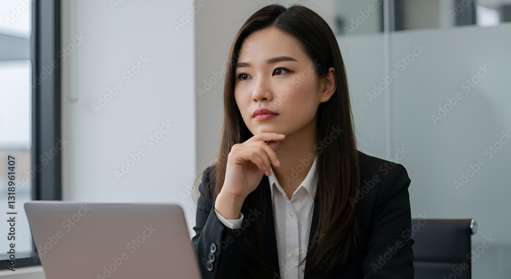 focused professional in business thinking of question or idea, attire works on a laptop in a sleek, modern office environment. focused professional in business thinking of question or idea, attire works on a laptop in a sleek, modern office environment.