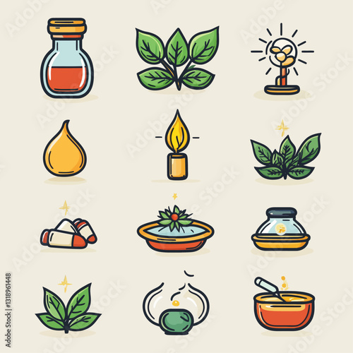 Wellness icons: aromatherapy, candle, essential oil, herbs, relaxation