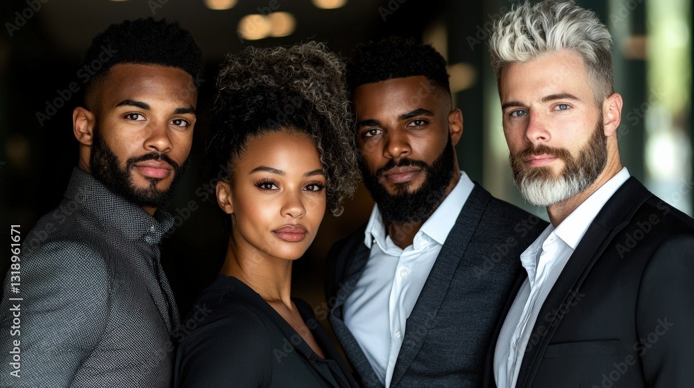 Group of stylish individuals posing together confidently Group of stylish individuals posing together confidently