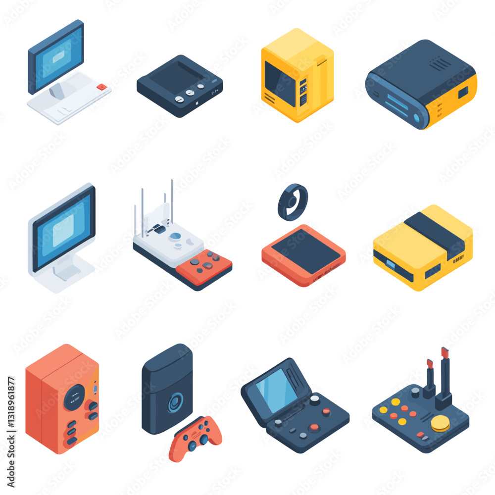 Isometric vector illustration of various retro gaming consoles & devices Isometric vector illustration of various retro gaming consoles & devices