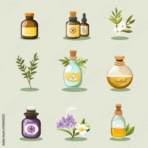 Essential Oil Bottles with Natural Herbs for Aromatherapy and Wellness