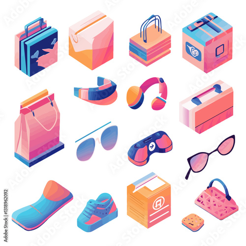 Isometric lifestyle products in trendy gradient: fashion, tech, home goods