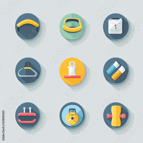 Gym Equipment Flat Icon Set: Fitness, Training, Exercise, and Workout Gear