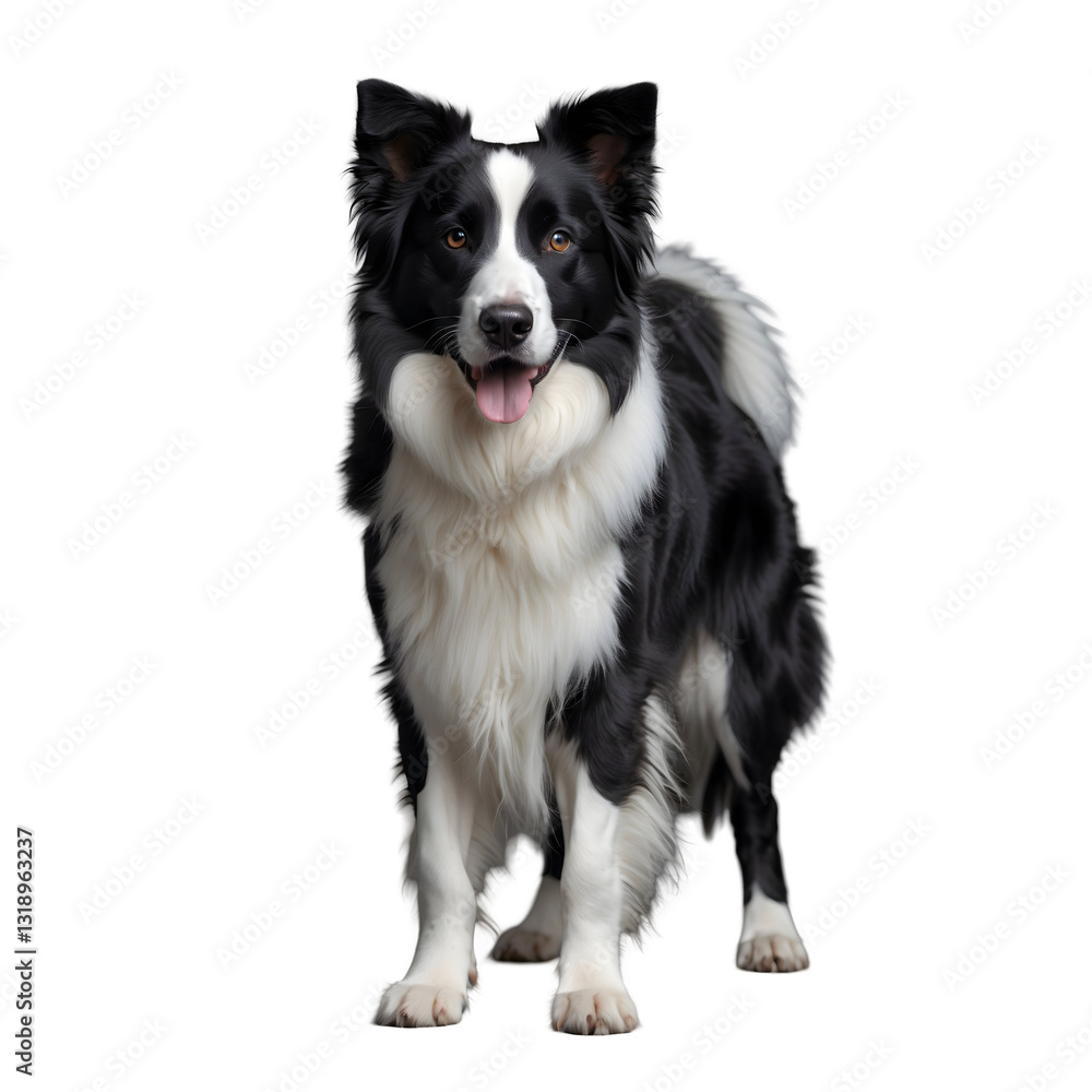 A Happy Border Collie, Tongue Out, Stands Proudly Against A Bright Isolated on Transparent Background Showing Off Its Striking Black And White Coat A Happy Border Collie, Tongue Out, Stands Proudly Against A Bright Isolated on Transparent Background Showing Off Its Striking Black And White Coat