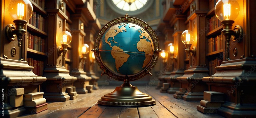 Fototapeta premium A whimsical steampunk library adorned with brass gears, vintage books, and flickering Edison light bulbs, featuring a massive clockwork globe at the center.