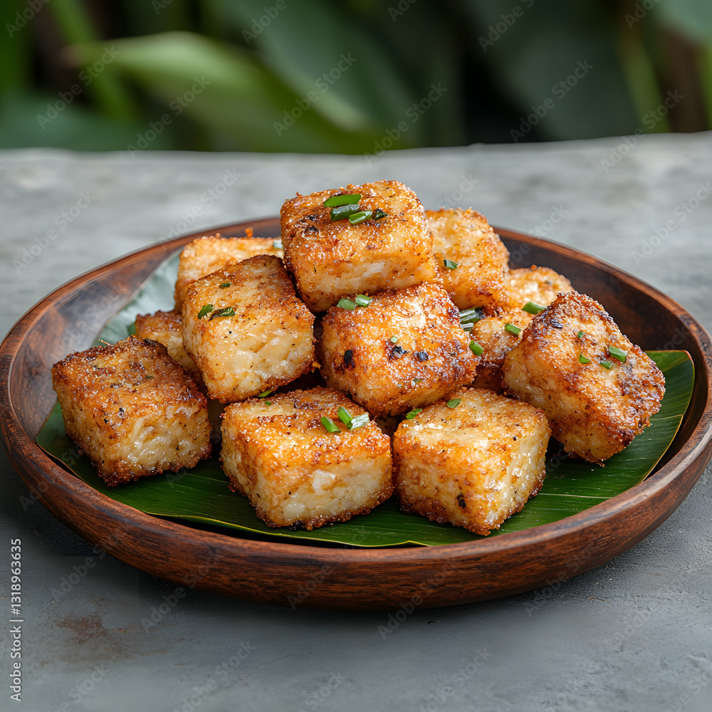 Crispy rice cakes, piled high on a wooden plate Crispy rice cakes, piled high on a wooden plate
