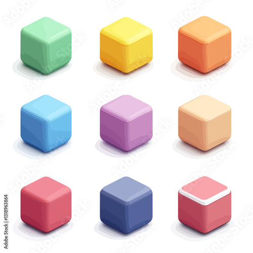 Isometric Pastel Cubes: 3D Geometric Shapes in Green, Yellow, and Red