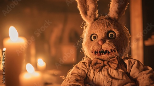 Scary easter bunny, Mysterious eerie bunny figurine, weathered vintage toy surrounded by flickering candlelight, perfect for spooky themes.