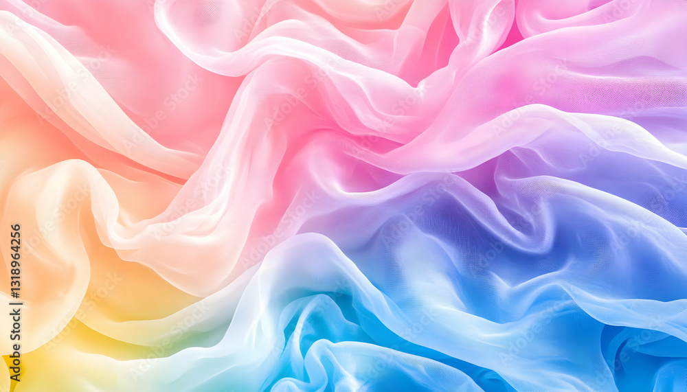Fototapeta premium Vibrant, flowing, translucent fabric with a rainbow gradient. Soft, pastel colors blend smoothly