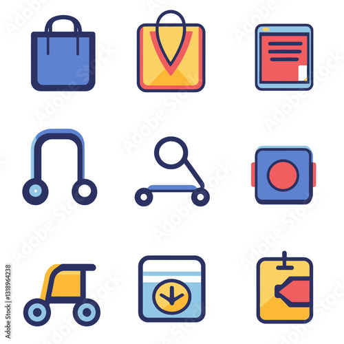 Colorful Icon Set: E-commerce, Technology, Shopping, and Interface Design