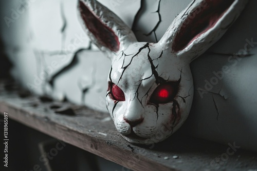Scary easter bunny, Eerie rabbit mask on shelf, white and red details contrasting against dark background, perfect for Halloween decor.