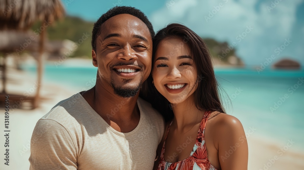 Man and woman are smiling at the camera on a beach. The man is wearing a white shirt and the woman is wearing a floral dress. Scene is happy and relaxed Man and woman are smiling at the camera on a beach. The man is wearing a white shirt and the woman is wearing a floral dress. Scene is happy and relaxed