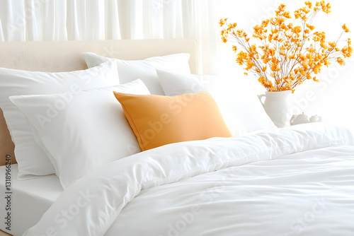 White bedding with orange accent pillow and flowers