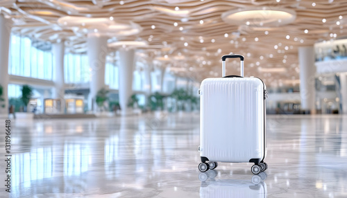 White suitcase in modern airport terminal