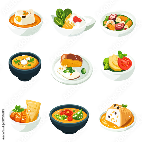 Variety of Delicious and Colorful Soup and Salad Dishes Collection
