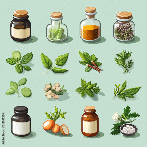 Herbal medicine illustration, natural remedies, aromatherapy, and homeopathy