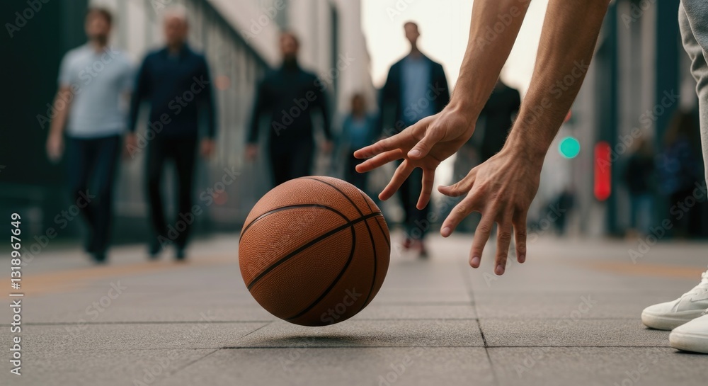Naklejka premium Close-up of hands reaching for basketball in urban street setting