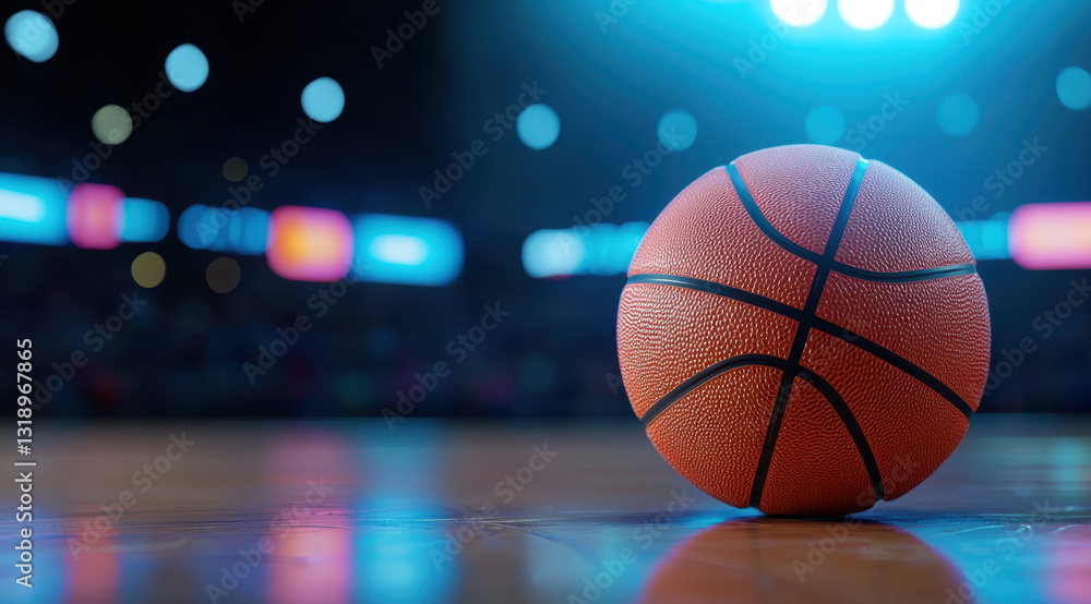 close up of basketball on court with bright lights in background, creating energetic atmosphere. ball texture and details are highlighted, emphasizing its importance in game close up of basketball on court with bright lights in background, creating energetic atmosphere. ball texture and details are highlighted, emphasizing its importance in game