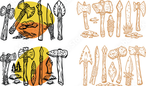 set of Prehistoric labor tools and equipment black vector, engraving sketch ink poster black illustration etching style tattoo, color blobs logo Prehistoric, Tools, color blobs, Spear, Torch, Knife