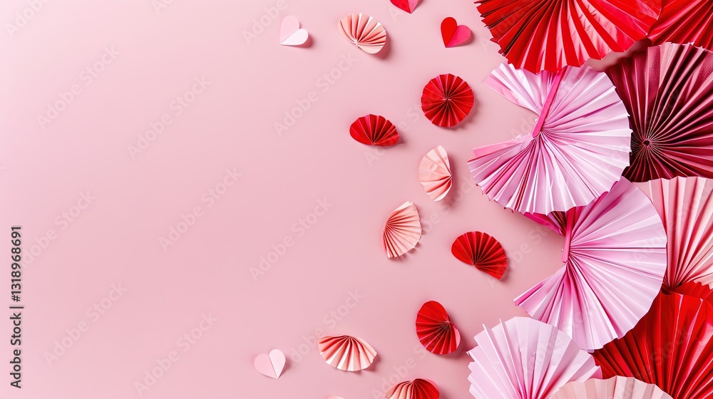 Obraz premium A heap of gentle pink and red hearts formed by Chinese paper fans are flying on a soft pink color background, serving as an eye-catching header. The delicate hearts, with their charming pink and red 